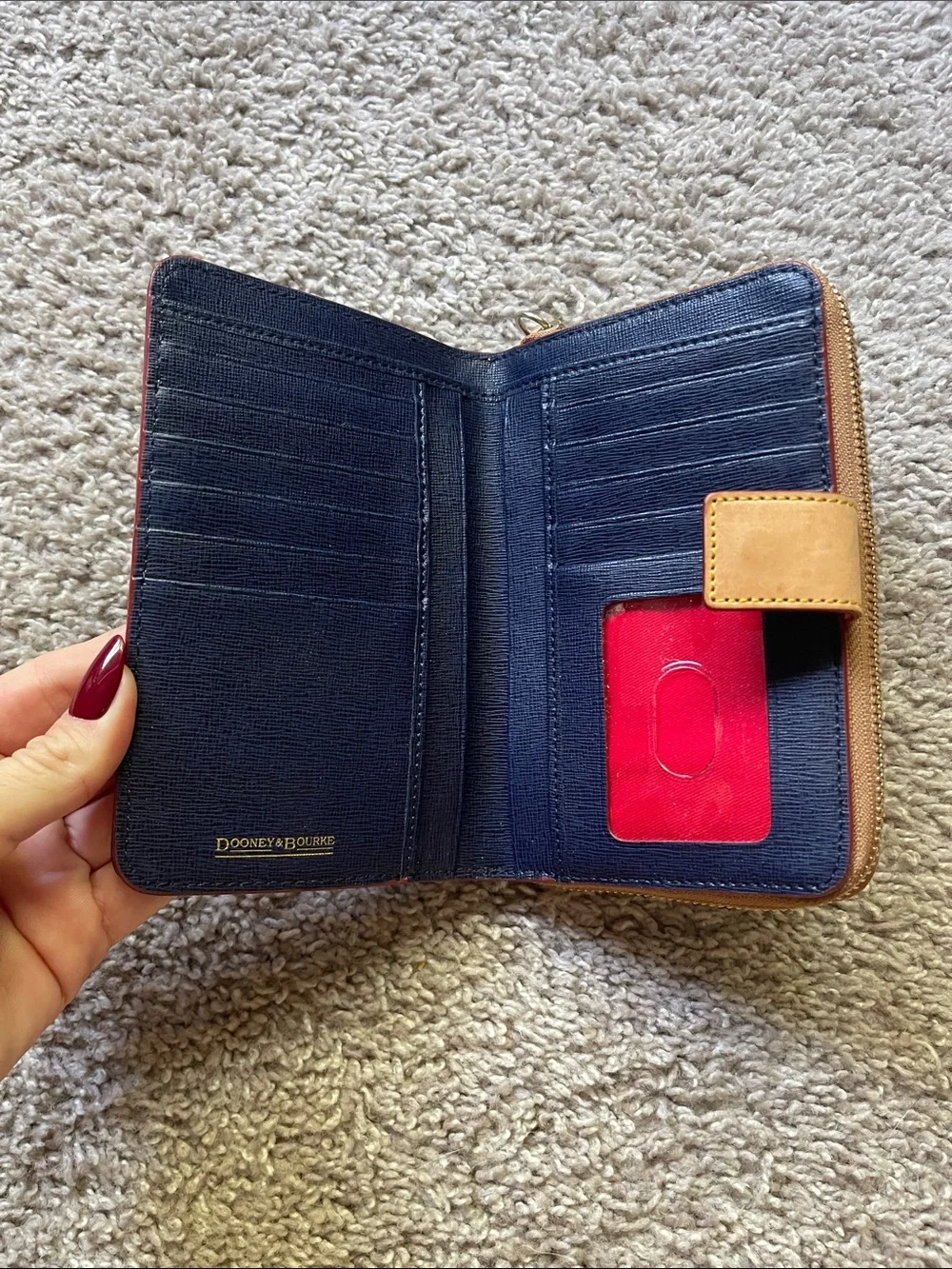 Dooney & Bourke Navy Leather Zip-Around Card Holder with Tan Trim